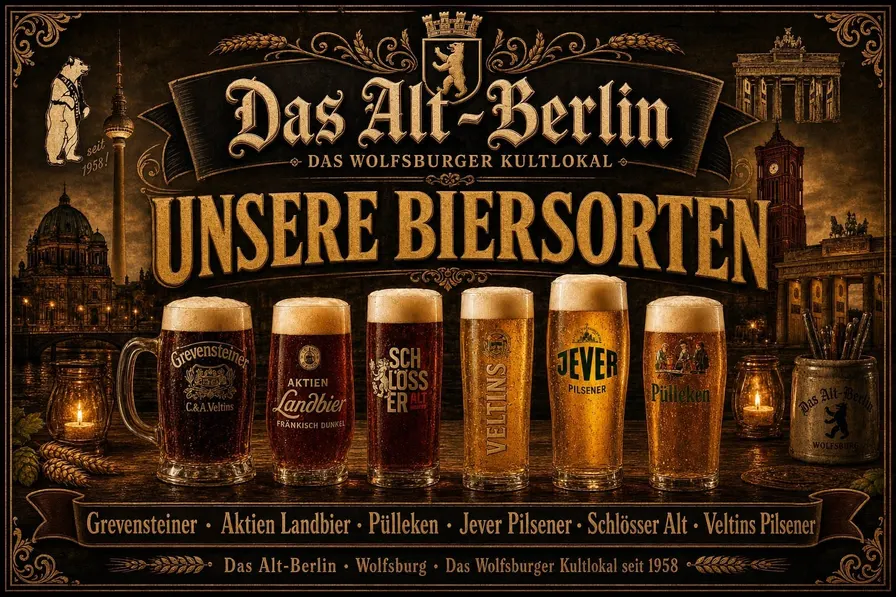 Our beers — Grevensteiner, Aktien Landbier, Pülleken, Jever Pilsener, Schlösser Alt and Veltins Pilsener in Alt-Berlin style