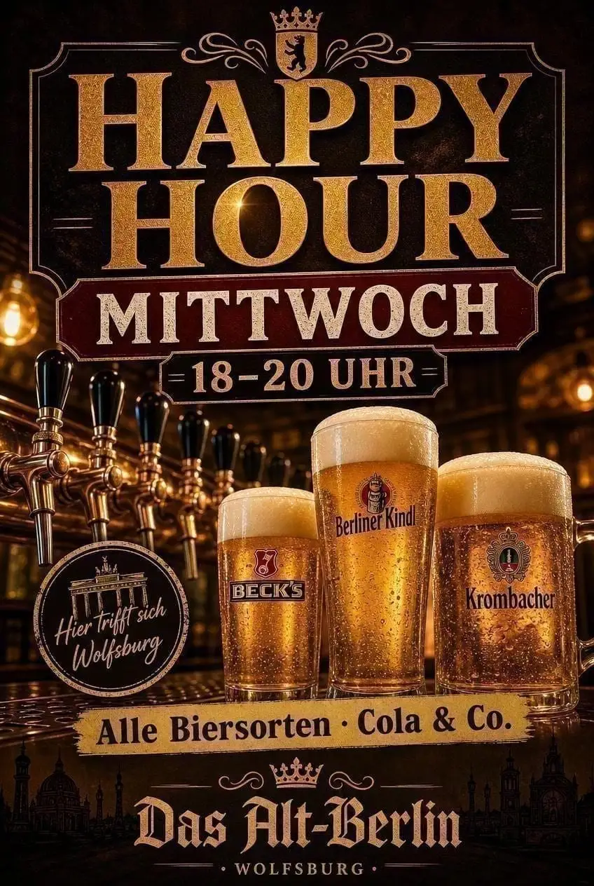 Promotional poster Happy Hour — Wednesday 6 to 8 p.m., all beers, cola and more