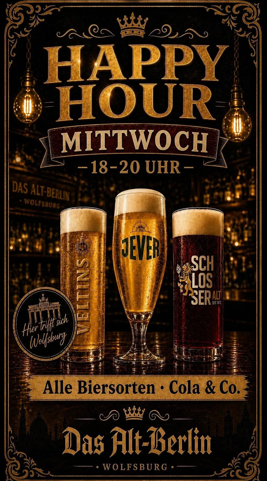 Werbeplakat Happy Hour — Mittwoch 18 bis 20 Uhr, alle Biersorten, Cola und Co.