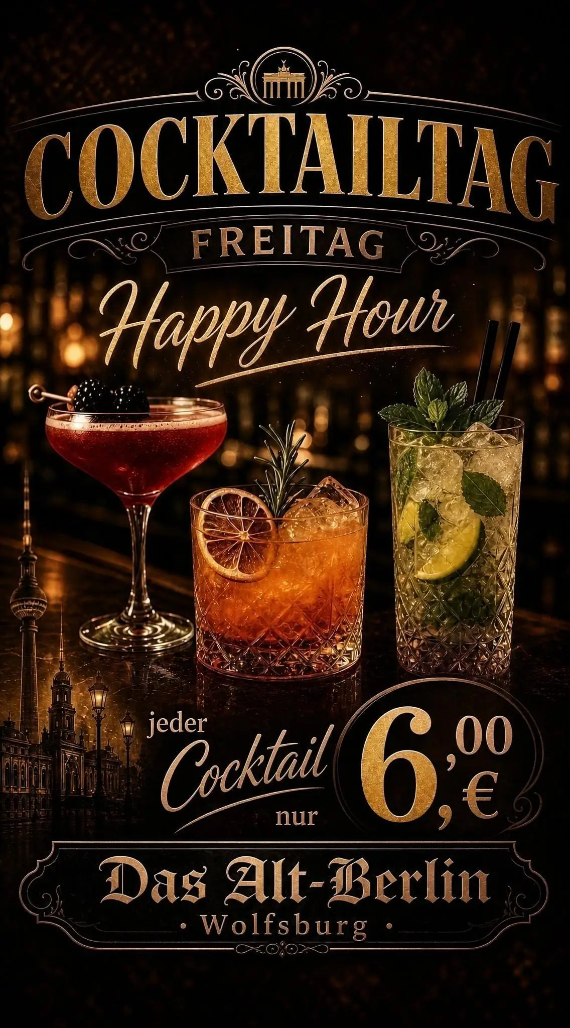 Werbeplakat Cocktailtag — Freitag Happy Hour, jeder Cocktail nur 6 Euro