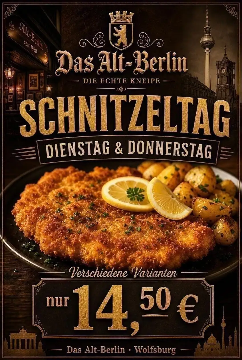 Promotional poster Schnitzel Day — Tuesday and Thursday, various styles, only €14.50