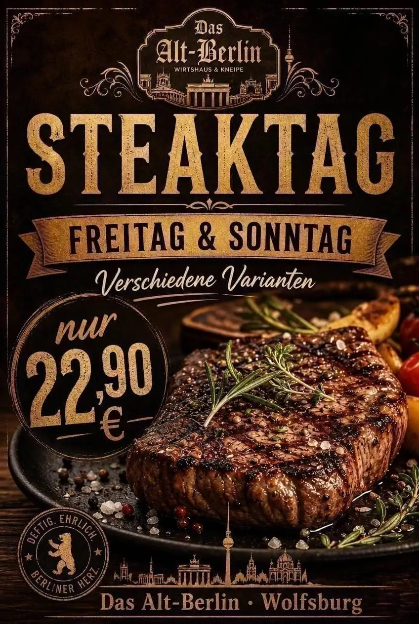 Promotional poster Steak Day — Friday and Sunday, various cuts, only €22.90